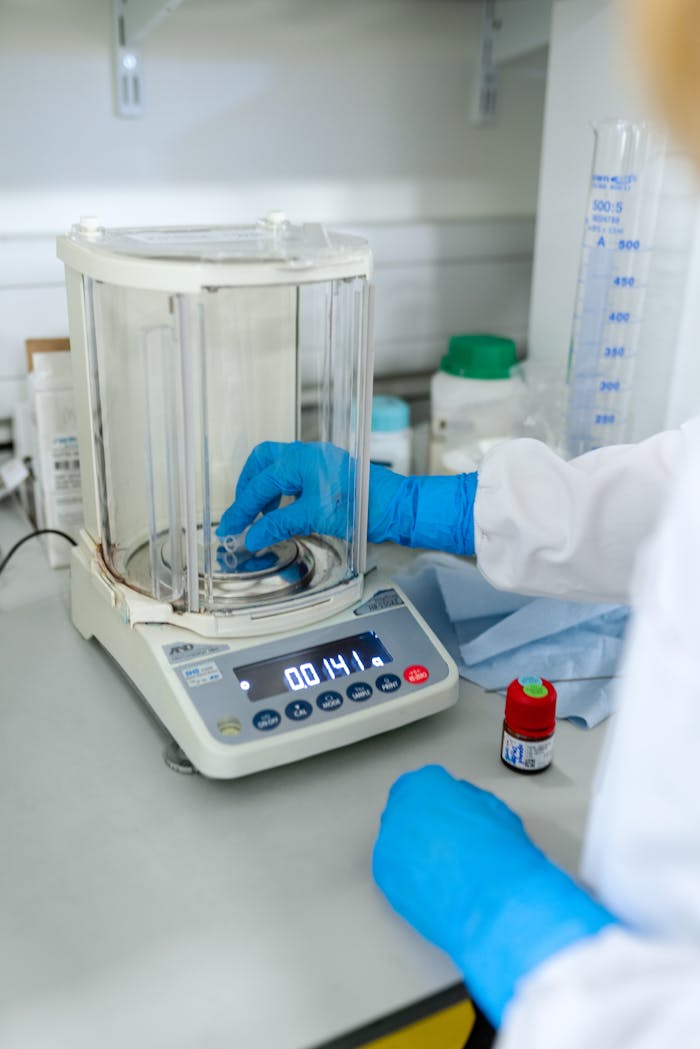 brand-01 Scientist uses digital scale for precise measurements in a lab setting.