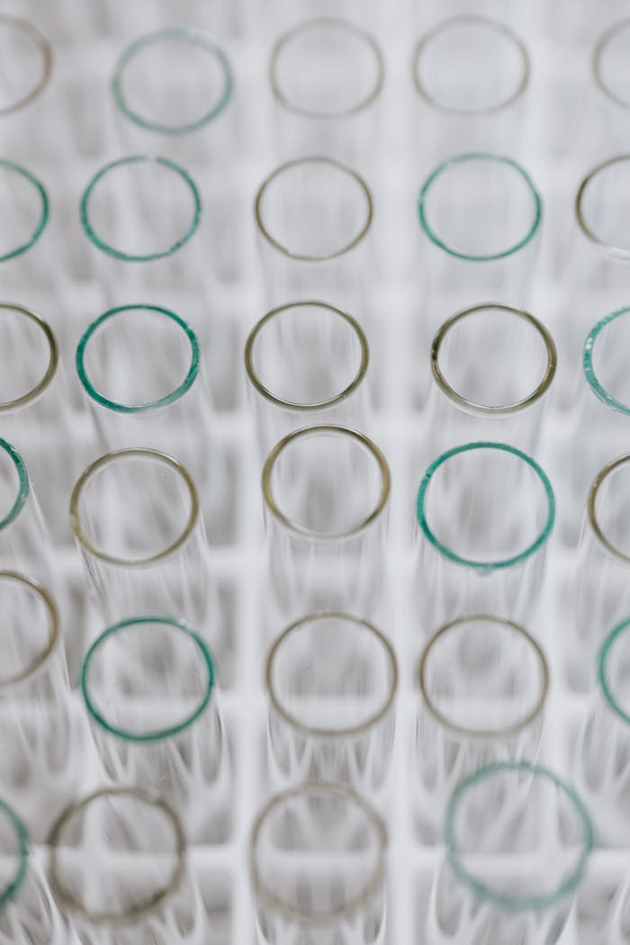 Close-up view of empty test tubes in a laboratory setting, ideal for science and research themes.